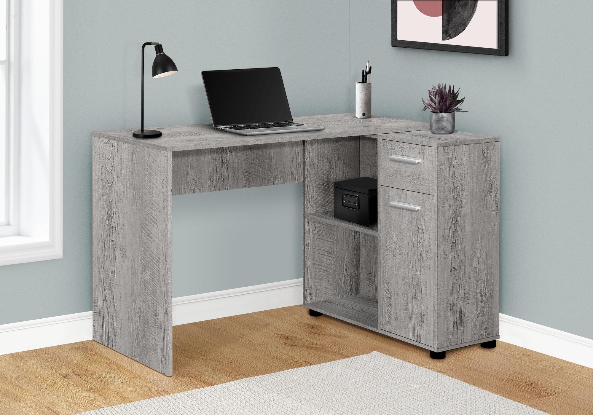 Computer Desk, Home Office, Corner, Storage Drawers, 46″L, L Shape, Work, Laptop, Grey Laminate, Contemporary, Modern