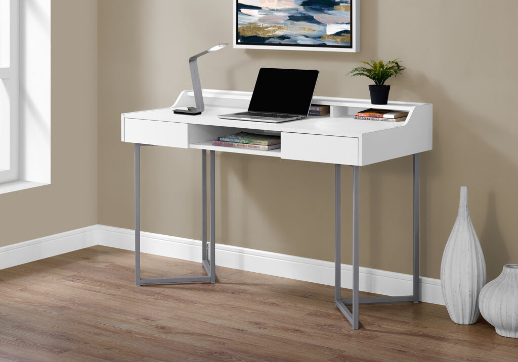Computer Desk, Home Office, Laptop, Storage Drawers, 48″L, Work, White Laminate, Grey Metal, Contemporary, Modern