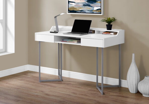 Computer Desk, Home Office, Laptop, Storage Drawers, 48″L, Work, White Laminate, Grey Metal, Contemporary, Modern