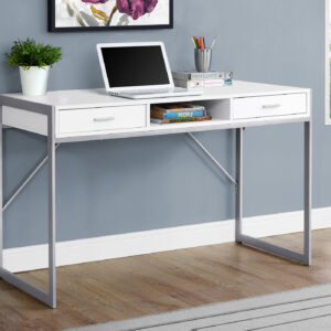 Computer Desk, Home Office, Laptop, Storage Drawers, 48"L, Work, White Laminate, Grey Metal, Contemporary, Modern