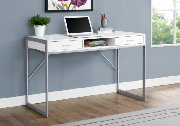Computer Desk, Home Office, Laptop, Storage Drawers, 48″L, Work, White Laminate, Grey Metal, Contemporary, Modern