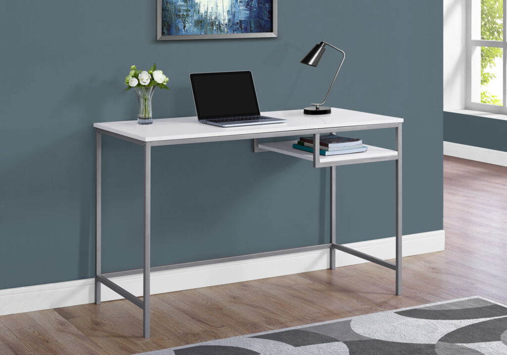 Computer Desk, Home Office, Laptop, 48″L, Work, White Laminate, Grey Metal, Contemporary, Modern