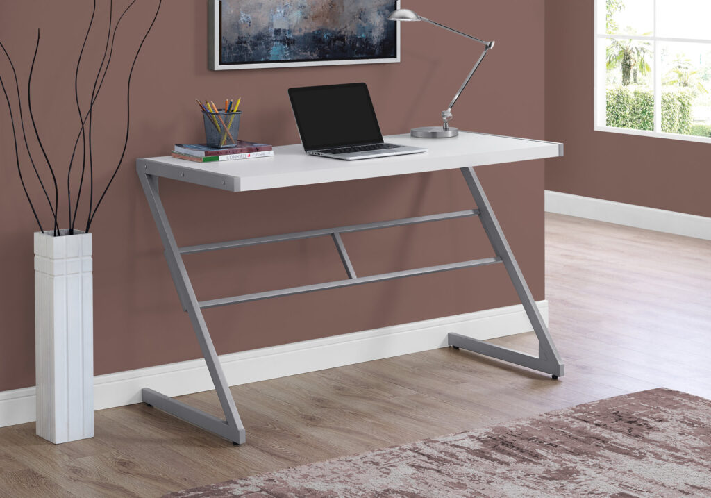 Computer Desk, Home Office, Laptop, 48″L, Work, White Laminate, Grey Metal, Contemporary, Modern