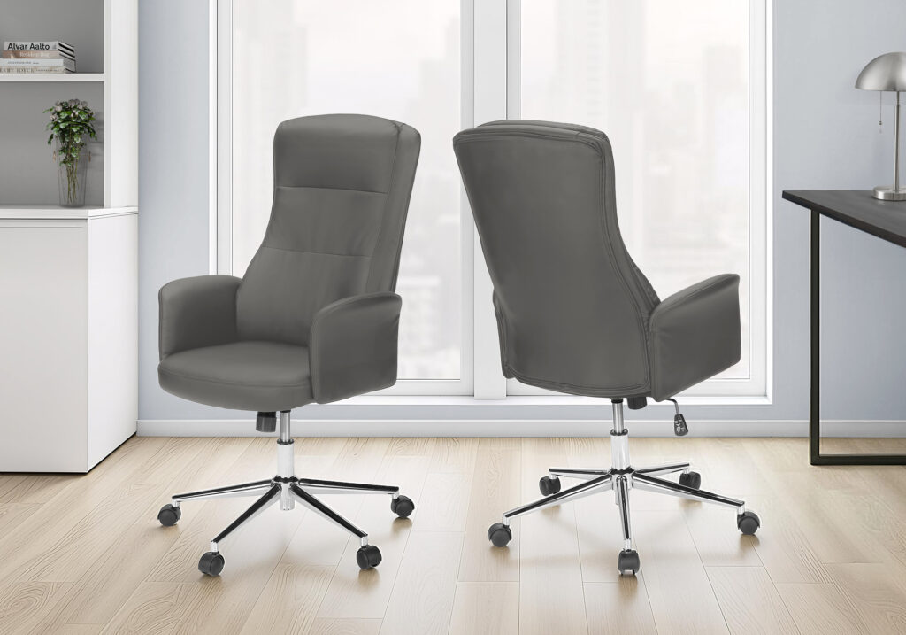 Office Chair, Swivel, Adjustable Height, Armrests, Ergonomic, Work, Grey Leather Look, Chrome Metal, Contemporary, Modern