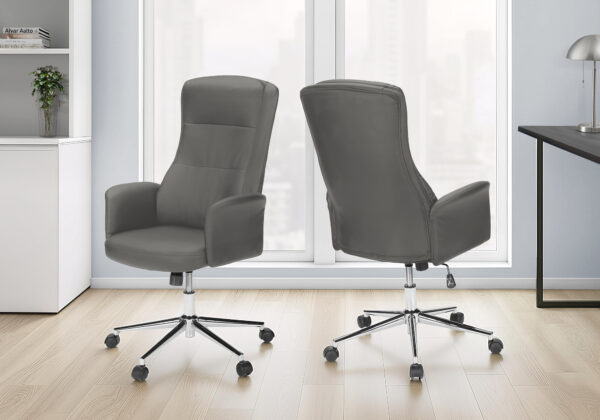 Office Chair, Swivel, Adjustable Height, Armrests, Ergonomic, Work, Grey Leather Look, Chrome Metal, Contemporary, Modern