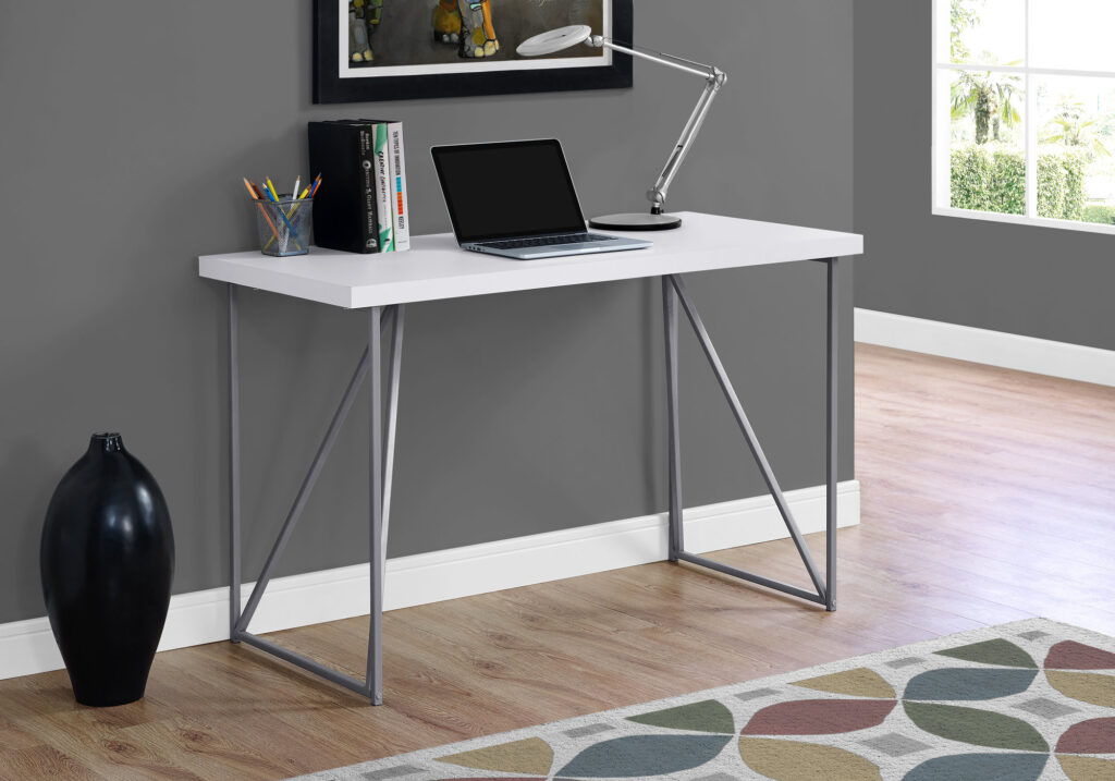 Computer Desk, Home Office, Laptop, 48″L, Work, White Laminate, Grey Metal, Contemporary, Modern