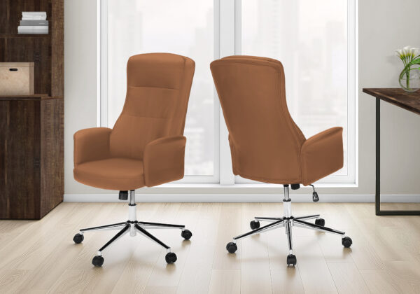 Office Chair, Swivel, Adjustable Height, Armrests, Ergonomic, Work, Brown Leather-look, Chrome Metal, Contemporary, Modern