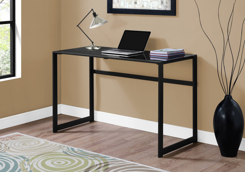 Computer Desk, Home Office, Laptop, 48″L, Work, Black Tempered Glass, Black Metal, Contemporary, Modern