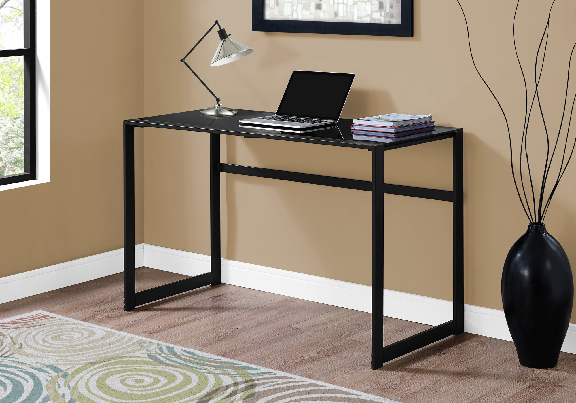 Computer Desk, Home Office, Laptop, 48″L, Work, Black Tempered Glass, Black Metal, Contemporary, Modern