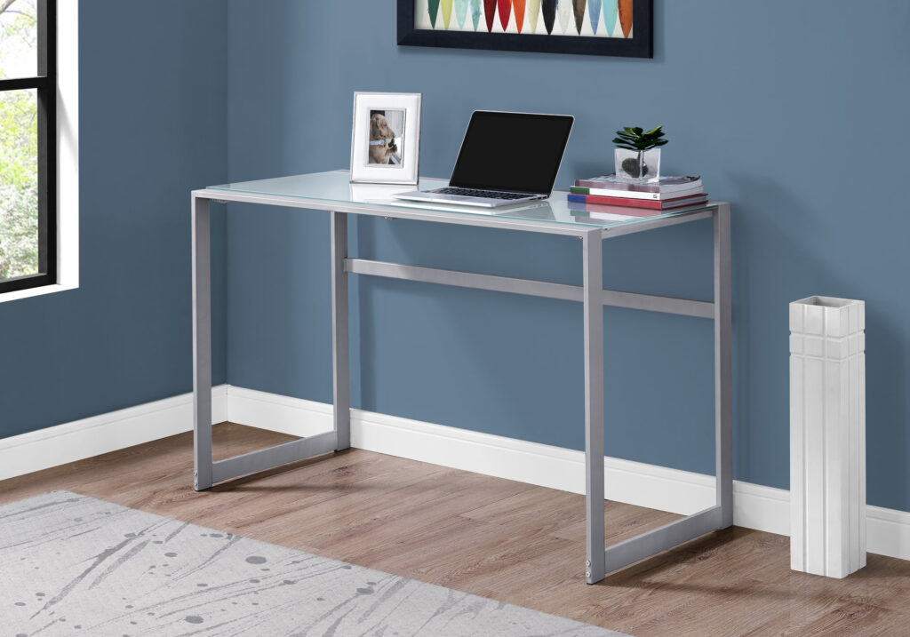 Computer Desk, Home Office, Laptop, 48″L, Work, Frosted White Tempered Glass, Grey Metal, Contemporary, Modern