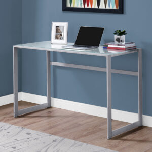 Computer Desk, Home Office, Laptop, 48"L, Work, Frosted White Tempered Glass, Grey Metal, Contemporary, Modern