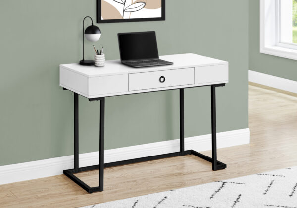 Computer Desk, Home Office, Laptop, Storage Drawers, 42″L, Work, Glossy White Laminate, Black Metal, Contemporary, Modern