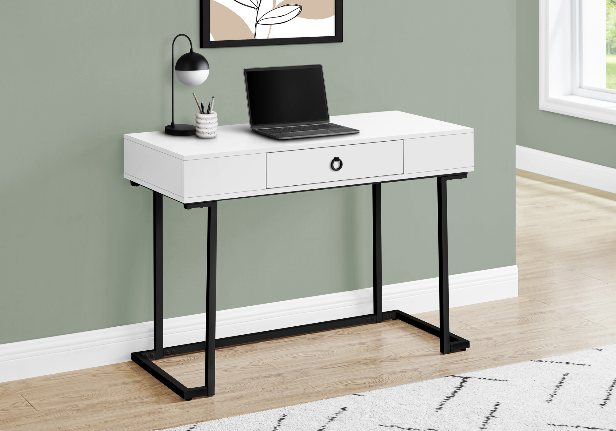 Computer Desk, Home Office, Laptop, Storage Drawers, 42″L, Work, Glossy White Laminate, Black Metal, Contemporary, Modern