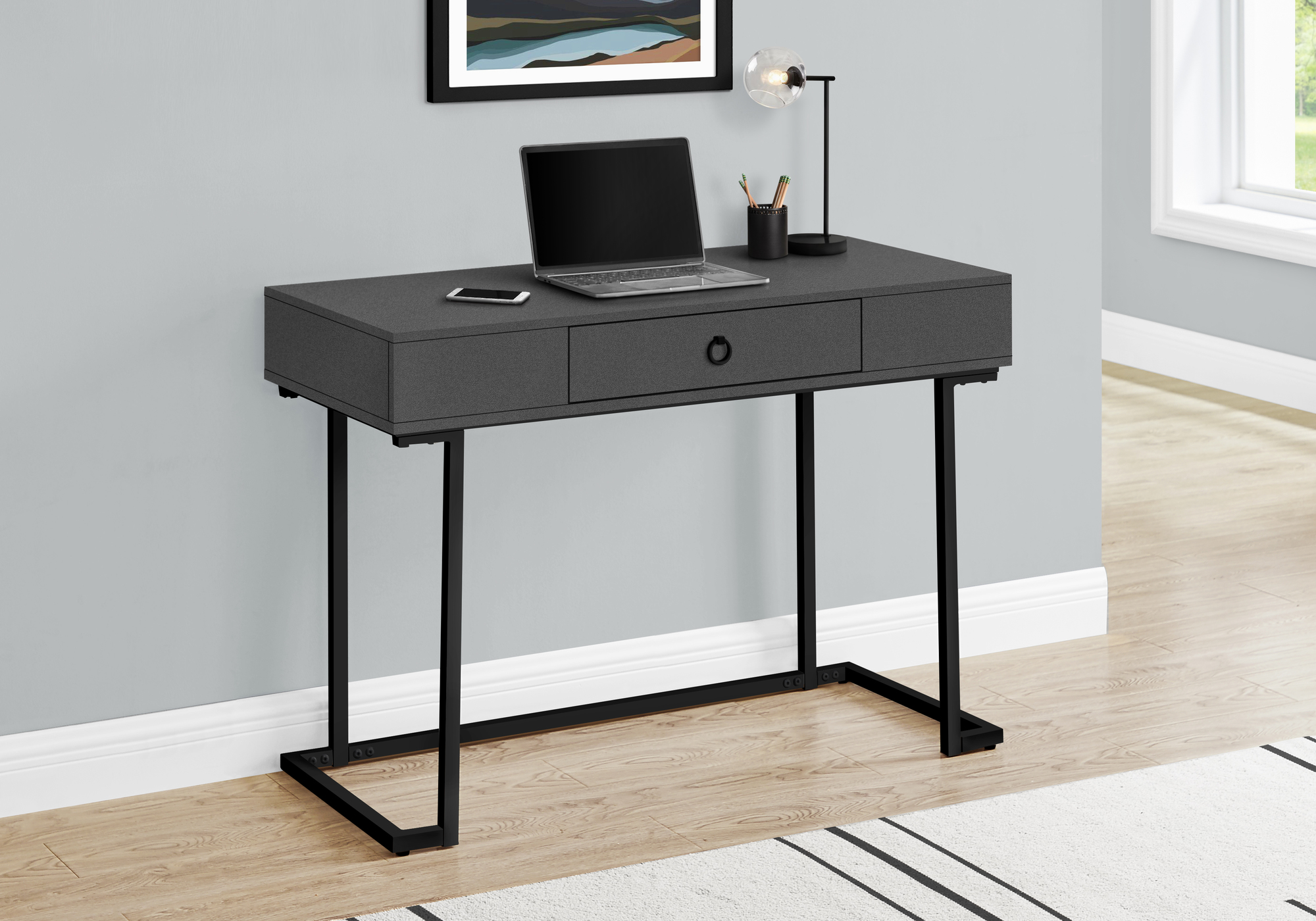 Computer Desk, Home Office, Laptop, Storage Drawers, 42″L, Work, Grey Laminate, Black Metal, Contemporary, Modern