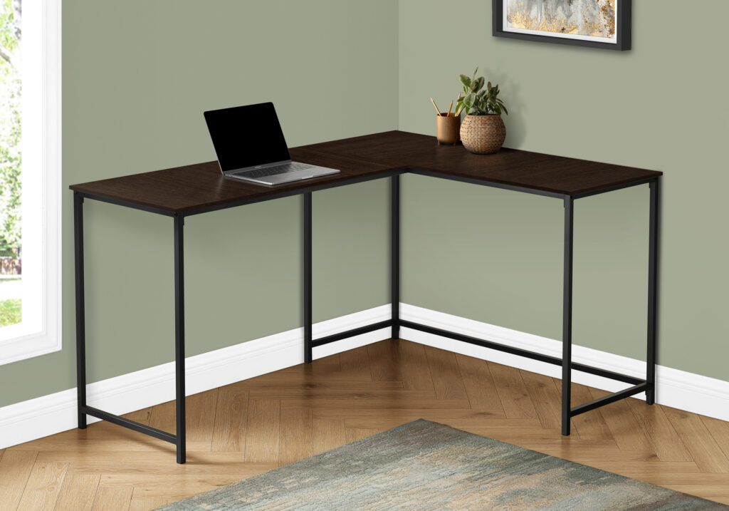 Computer Desk, Home Office, Corner, 58″L, L Shape, Work, Laptop, Brown Laminate, Black Metal, Contemporary, Modern
