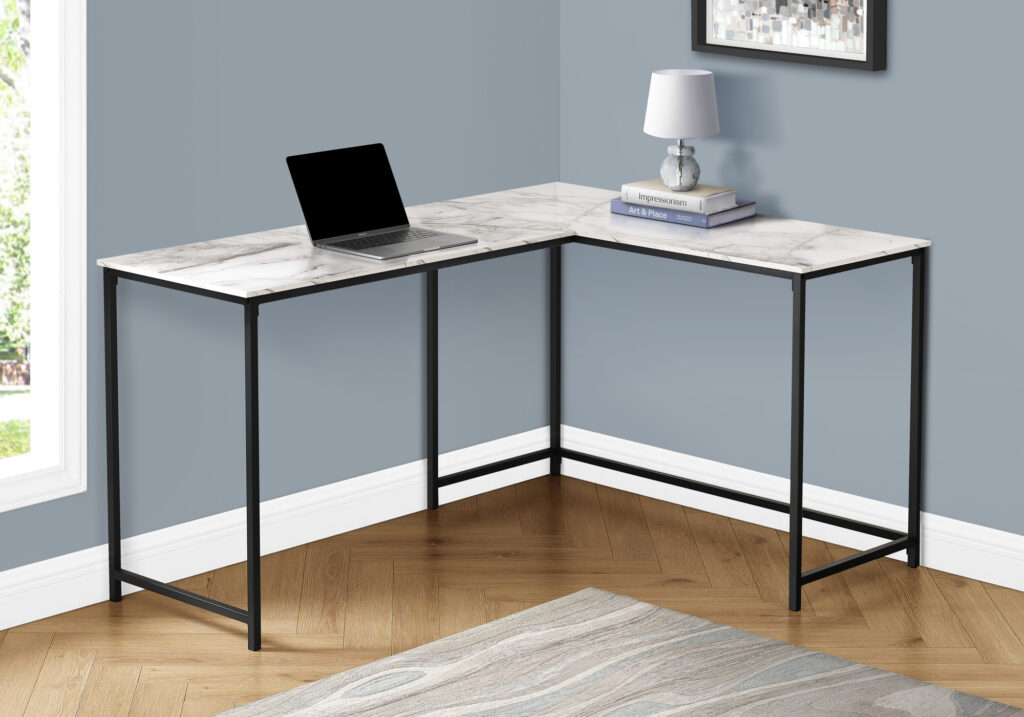 Computer Desk, Home Office, Corner, 58″L, L Shape, Work, Laptop, White Marble Look Laminate, Black Metal, Contemporary, Modern