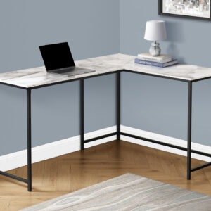 Computer Desk, Home Office, Corner, 58"L, L Shape, Work, Laptop, White Marble Look Laminate, Black Metal, Contemporary, Modern