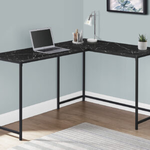 Computer Desk, Home Office, Corner, 58"L, L Shape, Work, Laptop, Black Marble Look Laminate, Black Metal, Contemporary, Modern