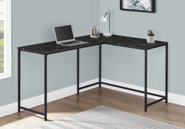 Computer Desk, Home Office, Corner, 58″L, L Shape, Work, Laptop, Black Marble Look Laminate, Black Metal, Contemporary, Modern