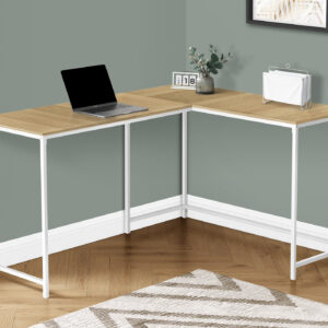 Computer Desk, Home Office, Corner, 58"L, L Shape, Work, Laptop, Natural Laminate, White Metal, Contemporary, Modern