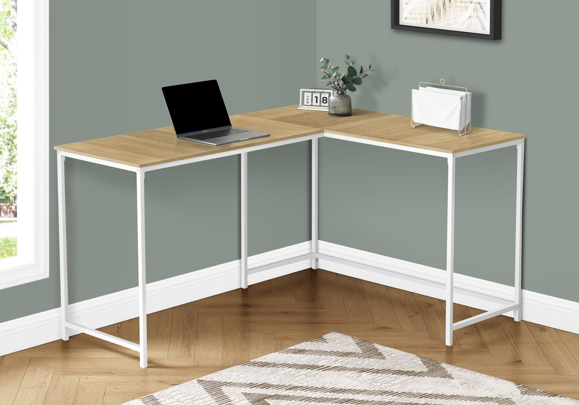 Computer Desk, Home Office, Corner, 58″L, L Shape, Work, Laptop, Natural Laminate, White Metal, Contemporary, Modern