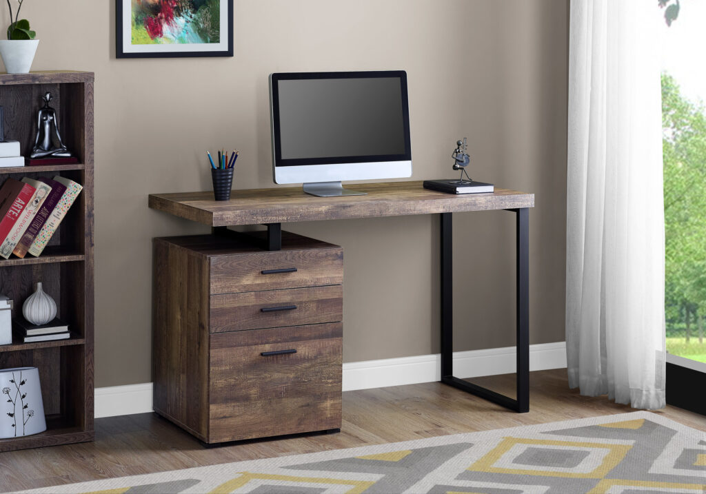 Computer Desk, Home Office, Laptop, Left, Right Set-up, Storage Drawers, 48″L, Work, Brown Laminate, Black Metal, Contemporary, Modern