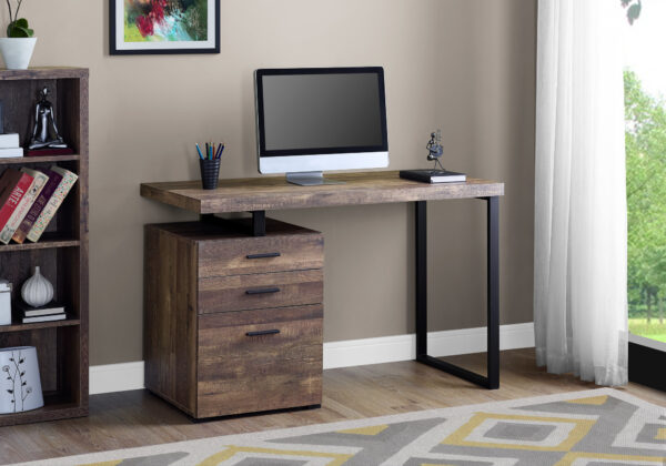 Computer Desk, Home Office, Laptop, Left, Right Set-up, Storage Drawers, 48″L, Work, Brown Laminate, Black Metal, Contemporary, Modern