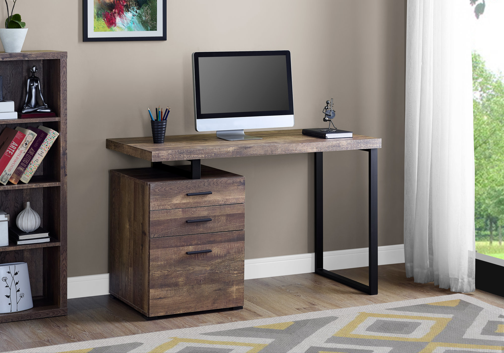 Computer Desk, Home Office, Laptop, Left, Right Set-up, Storage Drawers, 48″L, Work, Brown Laminate, Black Metal, Contemporary, Modern