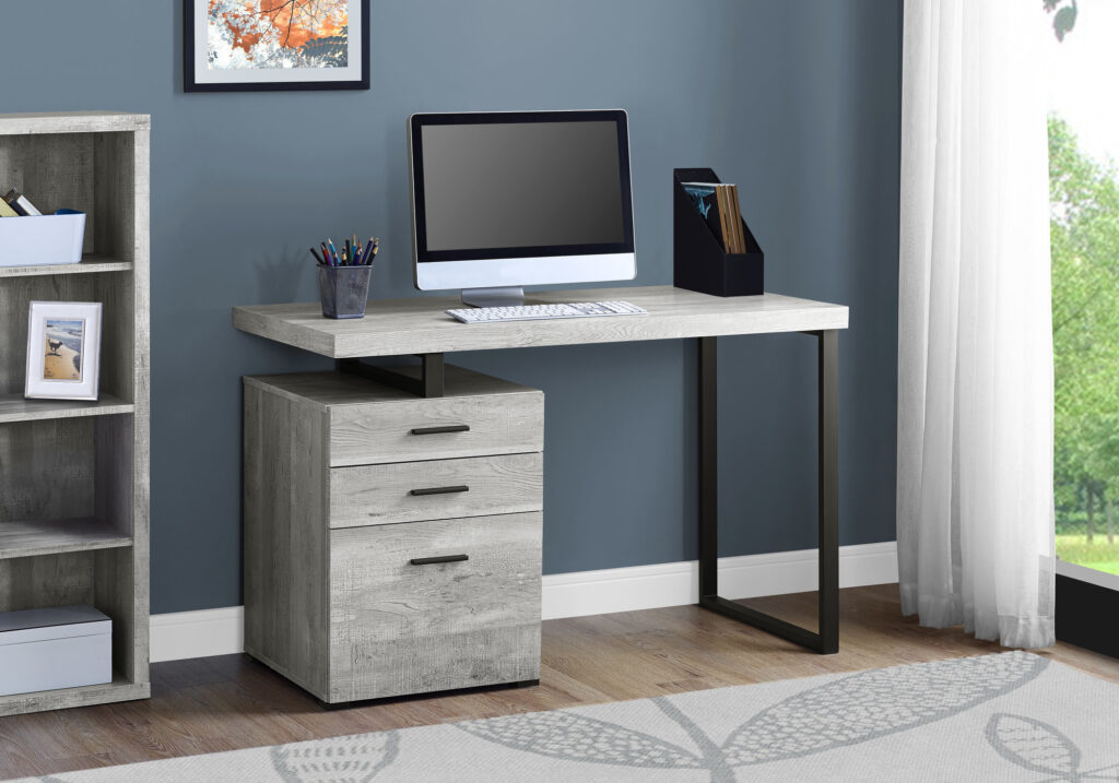 Computer Desk, Home Office, Laptop, Left, Right Set-up, Storage Drawers, 48″L, Work, Grey Laminate, Black Metal, Contemporary, Modern