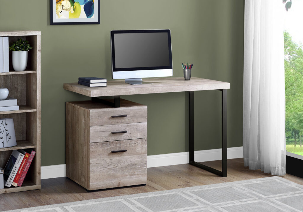 Computer Desk, Home Office, Laptop, Left, Right Set-up, Storage Drawers, 48″L, Work, Beige Laminate, Black Metal, Contemporary, Modern