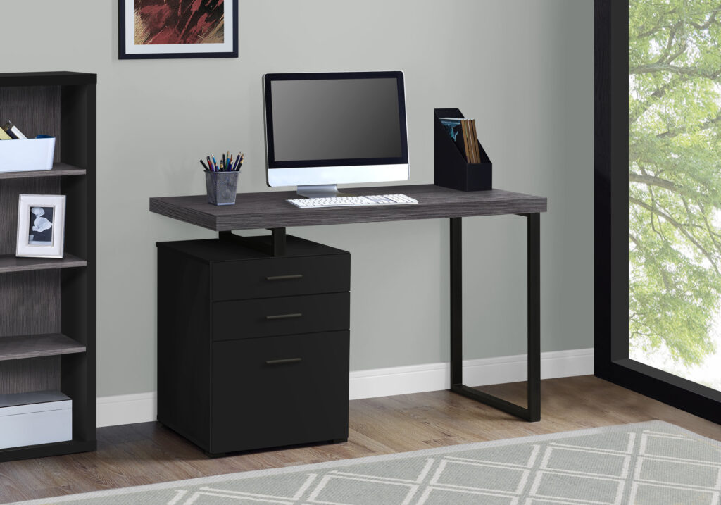 Computer Desk, Home Office, Laptop, Left, Right Set-up, Storage Drawers, 48″L, Work, Black And Grey Laminate, Black Metal, Contemporary, Modern