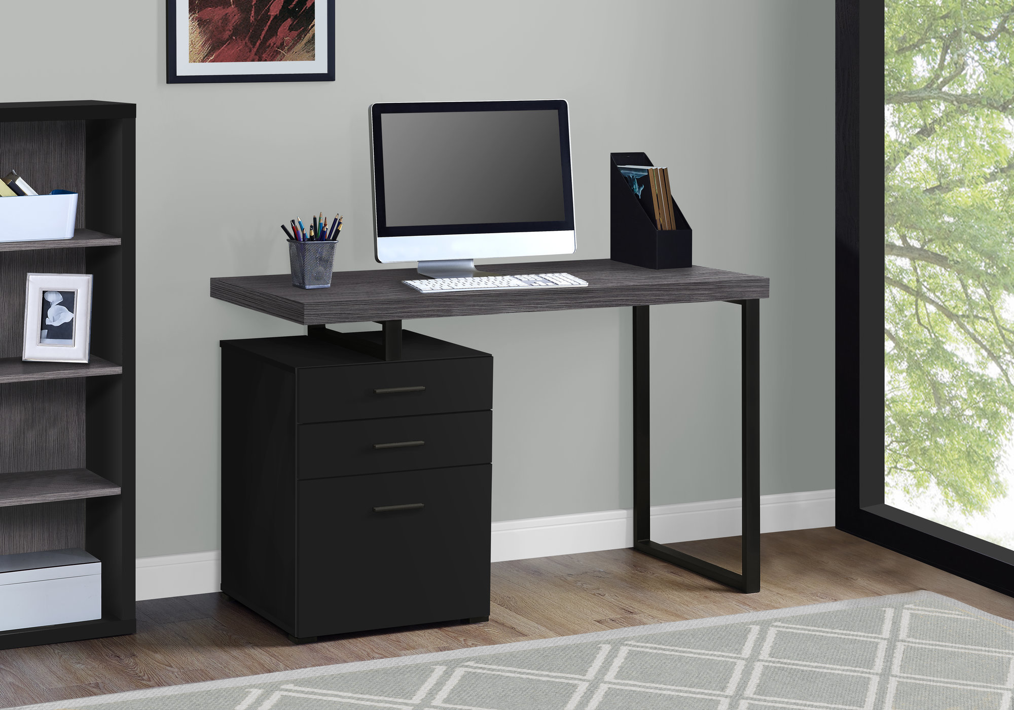 Computer Desk, Home Office, Laptop, Left, Right Set-up, Storage Drawers, 48″L, Work, Black And Grey Laminate, Black Metal, Contemporary, Modern