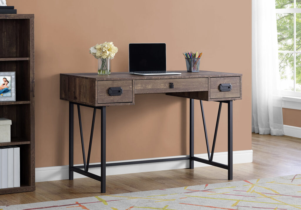 Computer Desk, Home Office, Laptop, Storage Drawers, 48″L, Work, Brown Laminate, Black Metal, Transitional