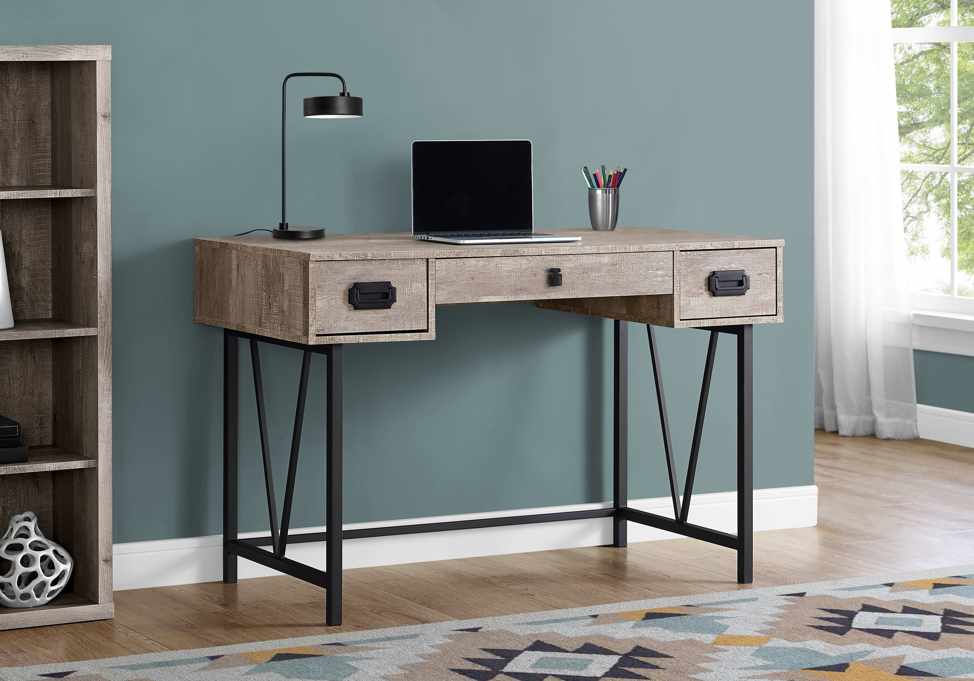 Computer Desk, Home Office, Laptop, Storage Drawers, 48″L, Work, Beige Laminate, Black Metal, Transitional