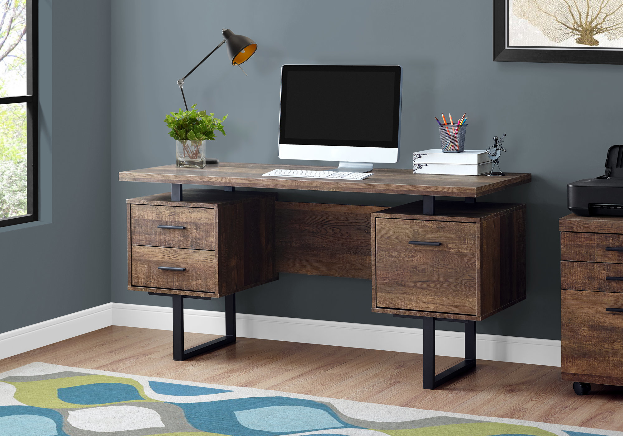 Computer Desk, Home Office, Laptop, Left, Right Set-up, Storage Drawers, 60″L, Work, Brown Laminate, Black Metal, Contemporary, Modern