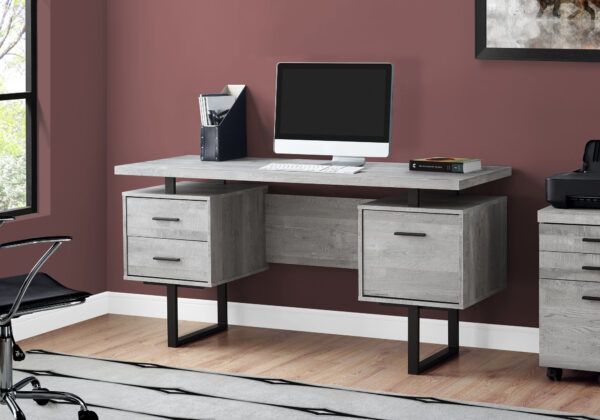 Computer Desk, Home Office, Laptop, Left, Right Set-up, Storage Drawers, 60″L, Work, Grey Laminate, Black Metal, Contemporary, Modern