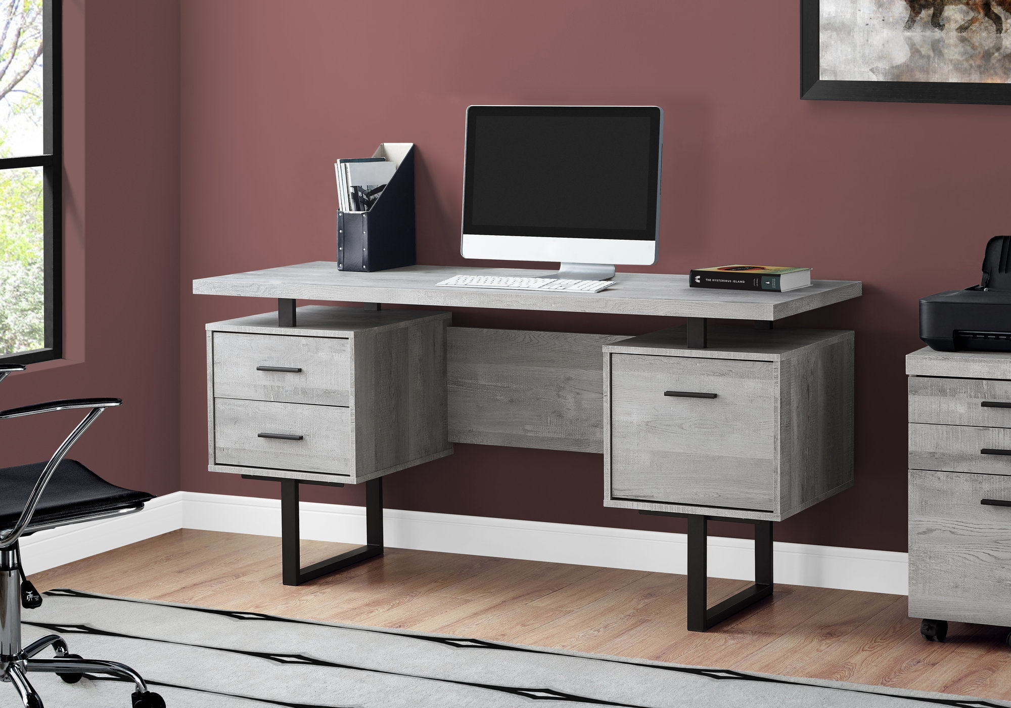 Computer Desk, Home Office, Laptop, Left, Right Set-up, Storage Drawers, 60″L, Work, Grey Laminate, Black Metal, Contemporary, Modern