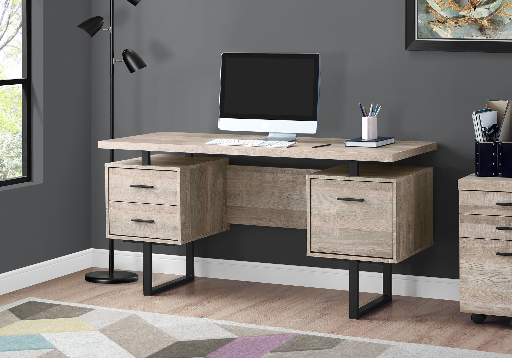 Computer Desk, Home Office, Laptop, Left, Right Set-up, Storage Drawers, 60″L, Work, Beige Laminate, Black Metal, Contemporary, Modern