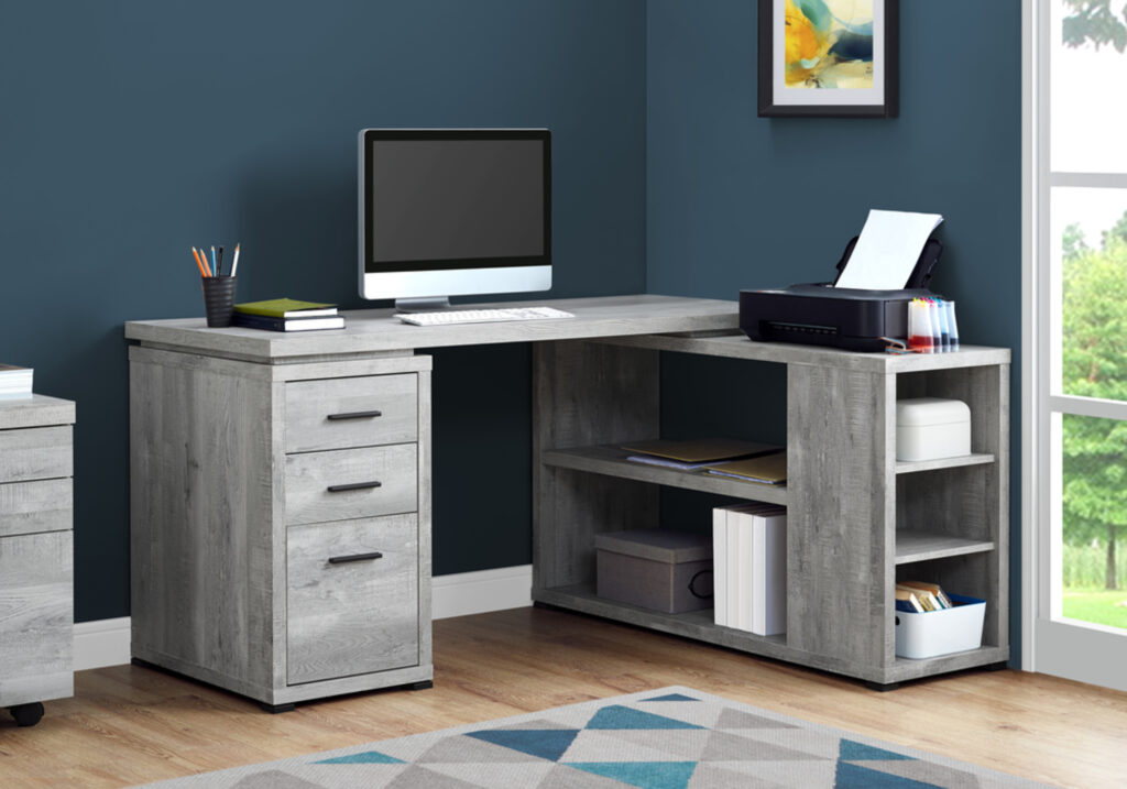 Computer Desk, Home Office, Corner, Left, Right Set-up, Storage Drawers, L Shape, Work, Laptop, Grey Laminate, Contemporary, Modern