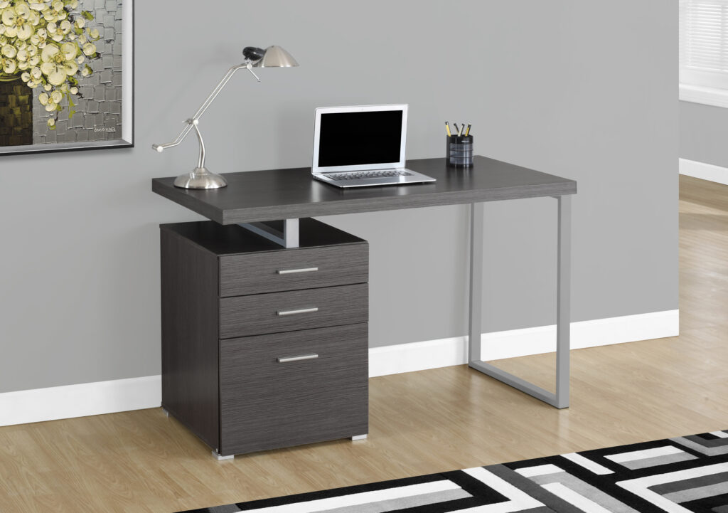 Computer Desk, Home Office, Laptop, Left, Right Set-up, Storage Drawers, 48″L, Work, Grey Laminate, Grey Metal, Contemporary, Modern