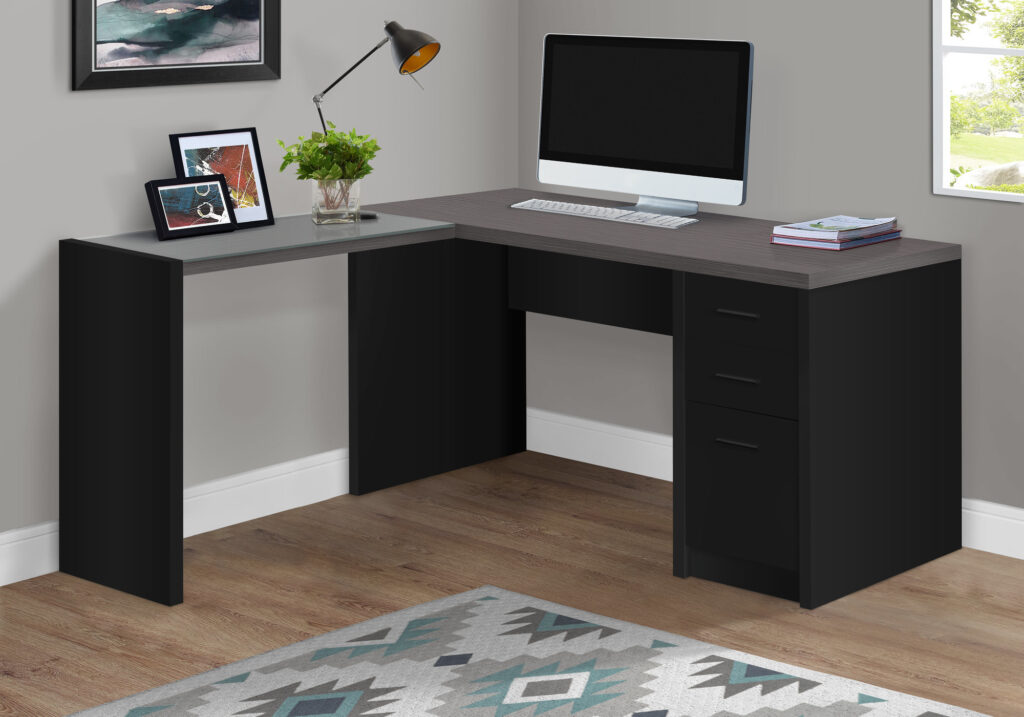 Computer Desk, Home Office, Corner, Storage Drawers, L Shape, Work, Laptop, Black And Grey Laminate, Tempered Glass, Contemporary, Modern