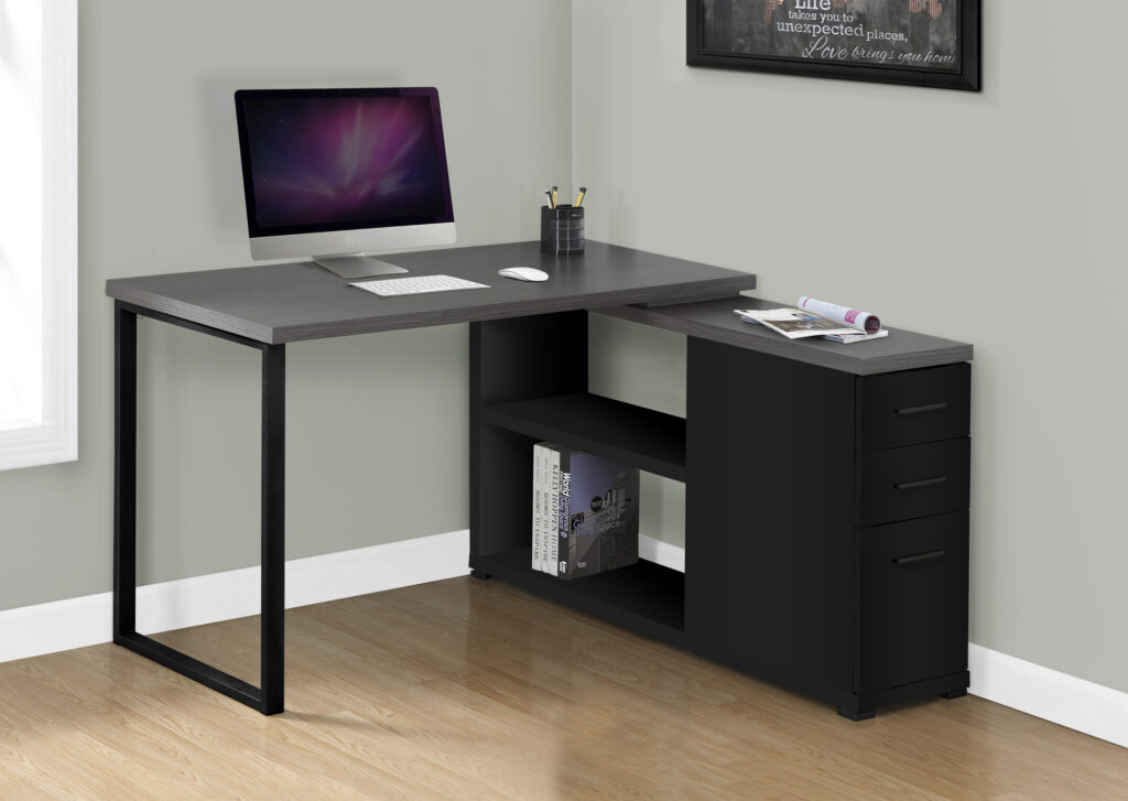 Computer Desk, Home Office, Corner, Left, Right Set-up, Storage Drawers, L Shape, Work, Laptop, Black And Grey Laminate, Black Metal, Contemporary, Modern