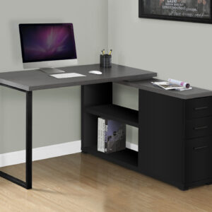 Computer Desk, Home Office, Corner, Left, Right Set-up, Storage Drawers, L Shape, Work, Laptop, Black And Grey Laminate, Black Metal, Contemporary, Modern