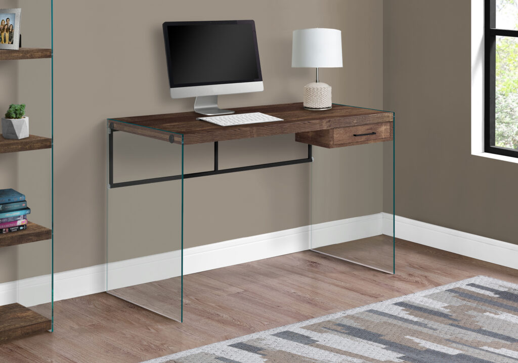 Computer Desk, Home Office, Laptop, Storage Drawers, 48″L, Work, Brown Laminate, Clear Tempered Glass, Contemporary, Modern
