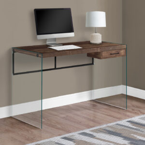Computer Desk, Home Office, Laptop, Storage Drawers, 48"L, Work, Brown Laminate, Clear Tempered Glass, Contemporary, Modern