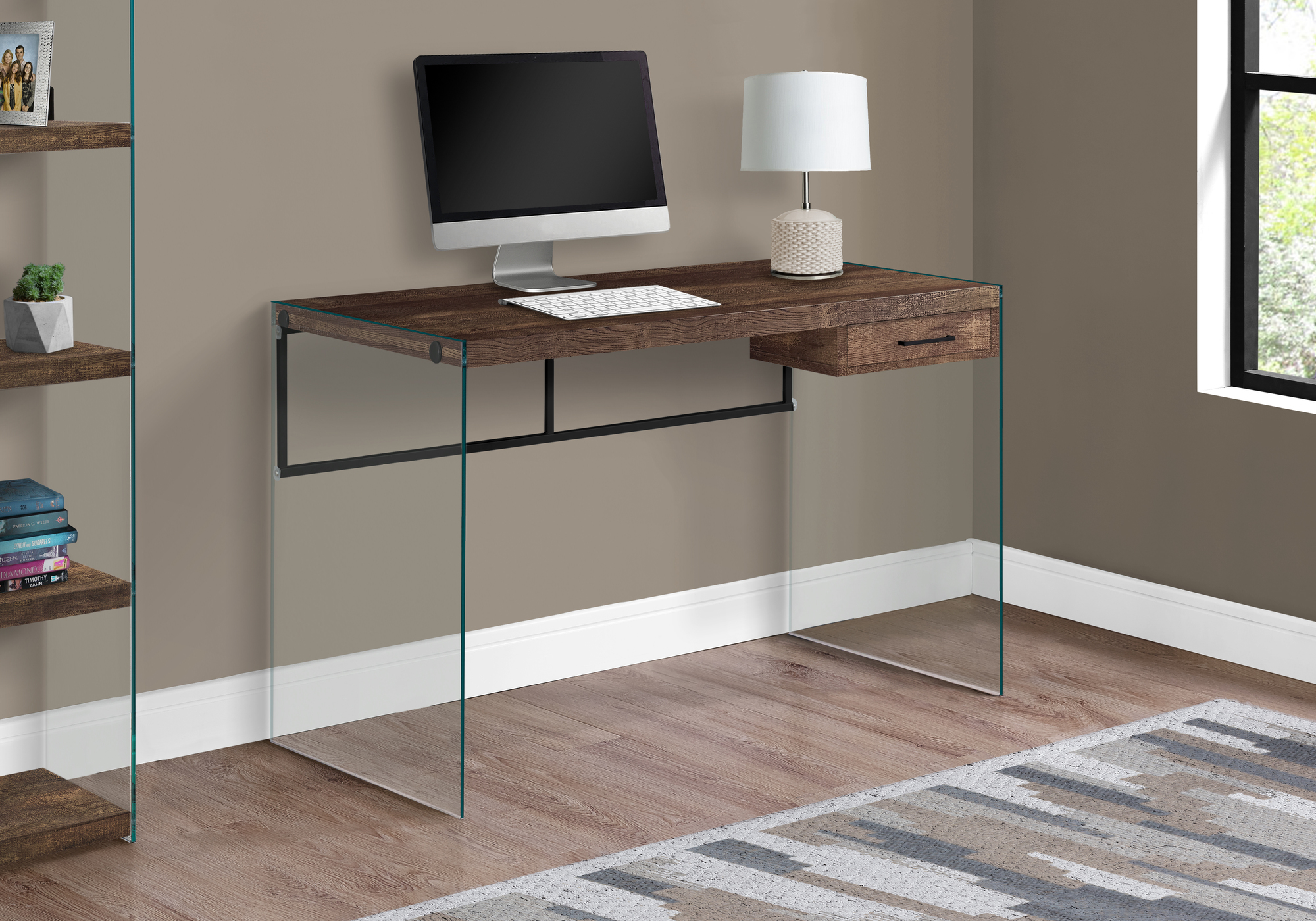Computer Desk, Home Office, Laptop, Storage Drawers, 48″L, Work, Brown Laminate, Clear Tempered Glass, Contemporary, Modern