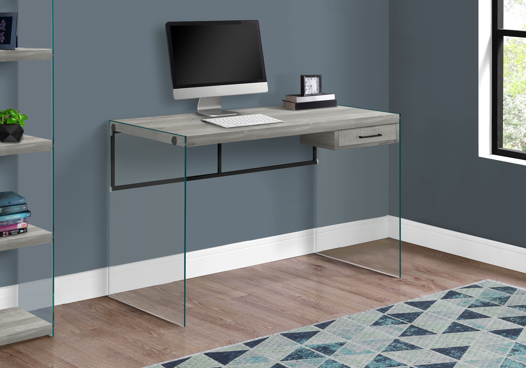 Computer Desk, Home Office, Laptop, Storage Drawers, 48″L, Work, Grey Laminate, Clear Tempered Glass, Contemporary, Modern