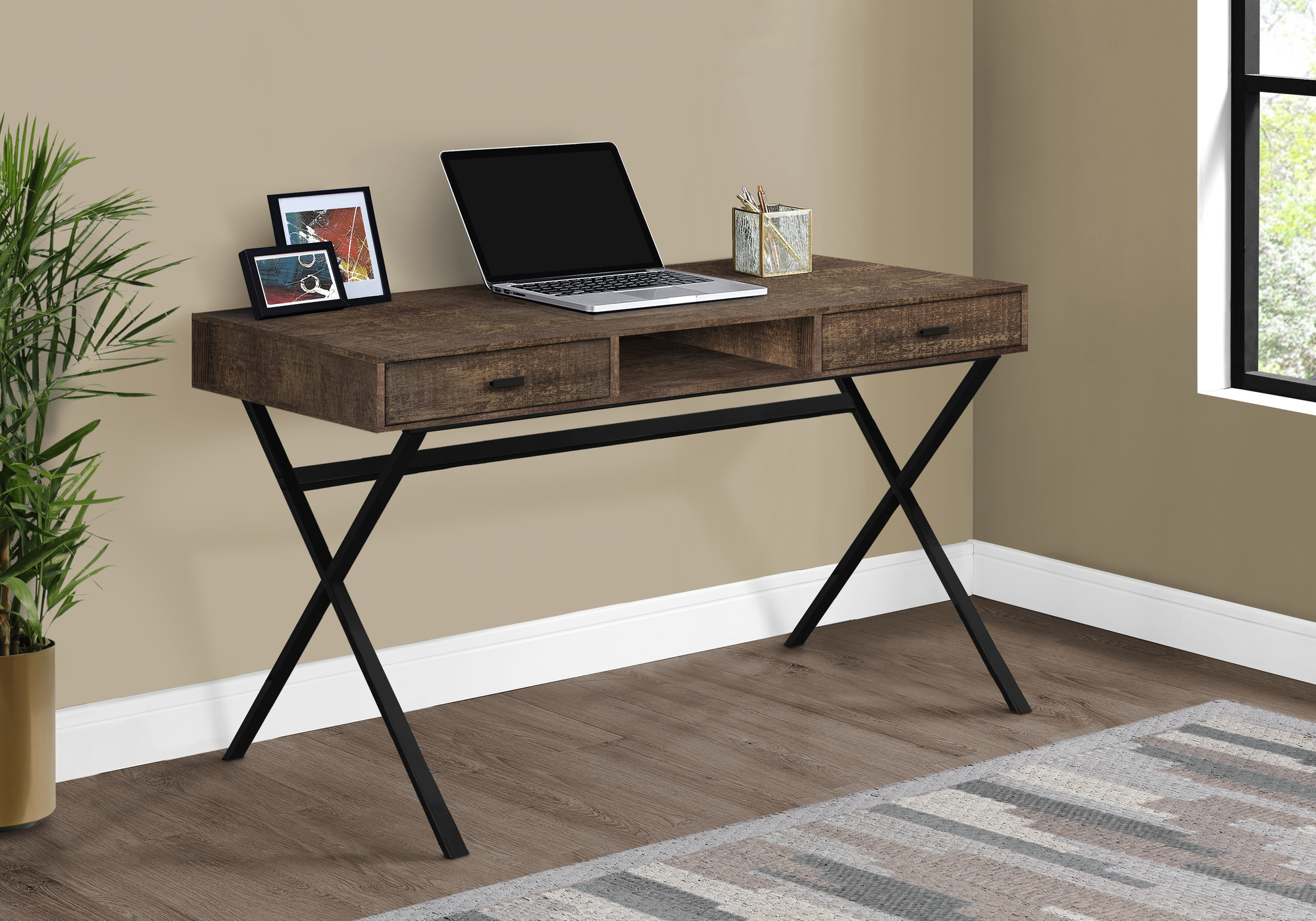 Computer Desk, Home Office, Laptop, Storage Drawers, 48″L, Work, Brown Laminate, Black Metal, Contemporary, Modern
