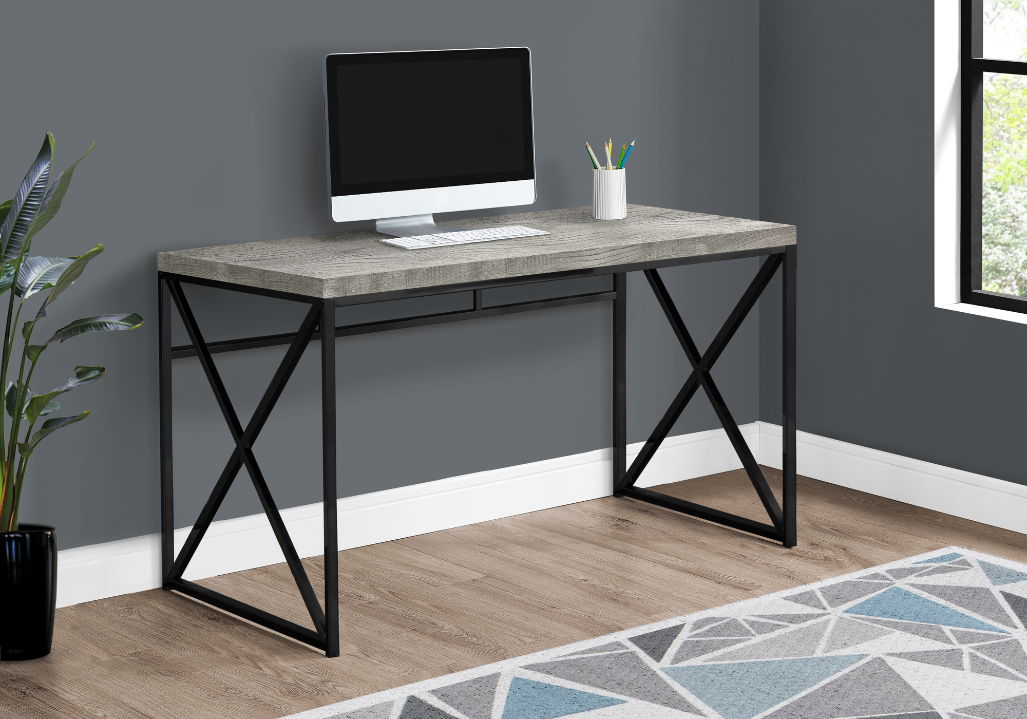 Computer Desk, Home Office, Laptop, Work, Grey Laminate, Black Metal, Contemporary, Modern