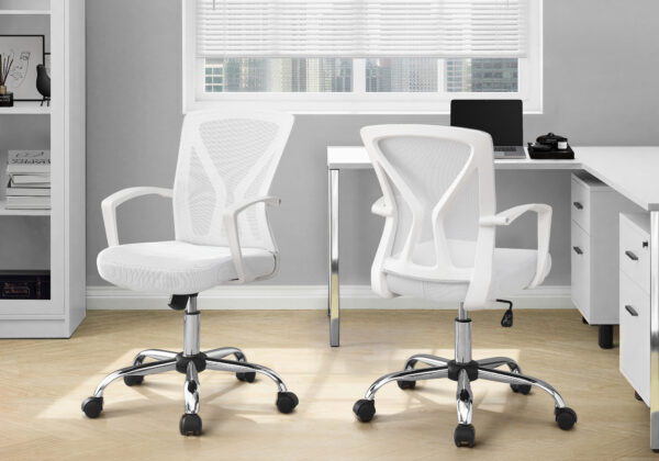 Office Chair, Adjustable Height, Swivel, Ergonomic, Armrests, Computer Desk, Work, White Mesh, Chrome Metal, Contemporary, Modern